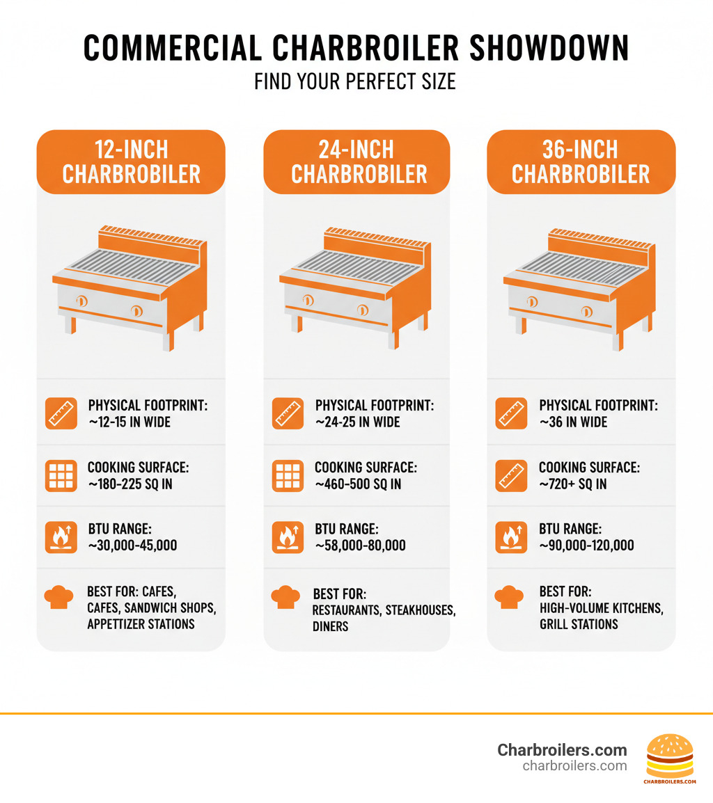 Infographic comparing the physical footprint dimensions, cooking surface area in square inches, BTU output ranges, and recommended restaurant types for 12-inch, 24-inch, and 36-inch commercial charbroilers displayed side-by-side with scale illustrations - 24 inch commercial charbroiler infographic Infographic comparing the physical footprint dimensions, cooking surface area in square inches, BTU output ranges, and recommended restaurant types for 12-inch, 24-inch, and 36-inch commercial charbroilers displayed side-by-side with scale illustrations - 24 inch commercial charbroiler infographic