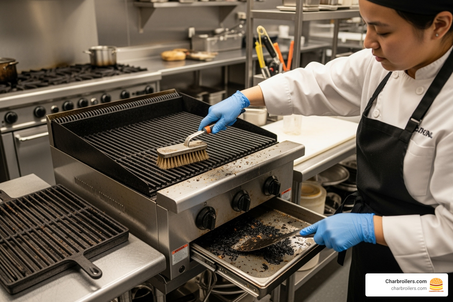 person cleaning a charbroiler's grease tray and grates - 24 inch commercial charbroiler person cleaning a charbroiler's grease tray and grates - 24 inch commercial charbroiler