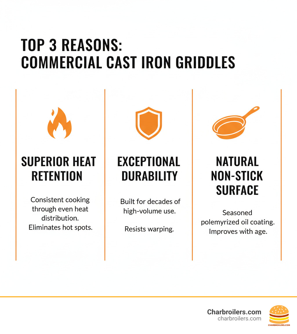 Infographic showing three vertical columns labeled Superior Heat Retention with flames icon, Exceptional Durability with shield icon, and Natural Non-Stick Surface with pan icon, each with brief descriptions of how cast iron griddles excel in commercial kitchens through even heat distribution, decades-long lifespan, and seasoned polymerized oil coating - cast iron griddle commercial infographic 