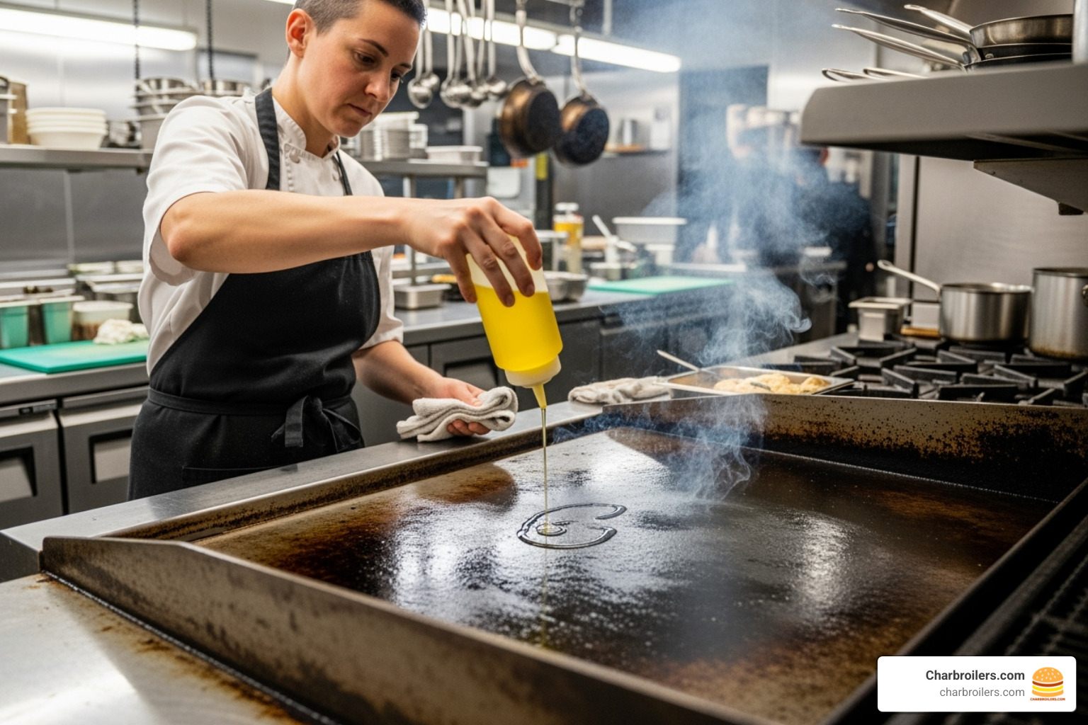 Chef seasoning a commercial cast iron griddle with oil - cast iron griddle commercial