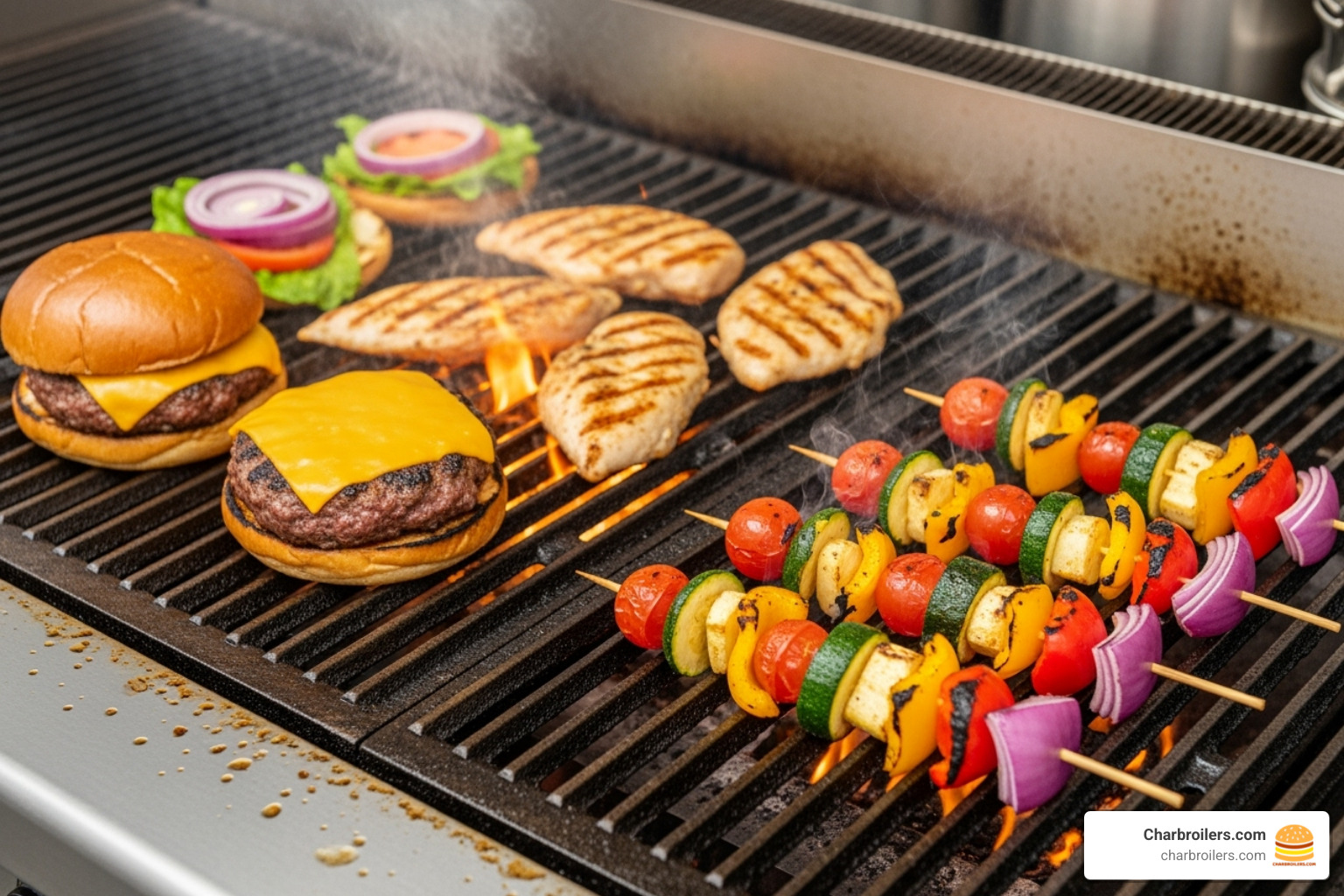 assorted foods like burgers, chicken breasts, and vegetable skewers cooking on a 24-inch charbroiler - 24 inch commercial charbroiler assorted foods like burgers, chicken breasts, and vegetable skewers cooking on a 24-inch charbroiler - 24 inch commercial charbroiler