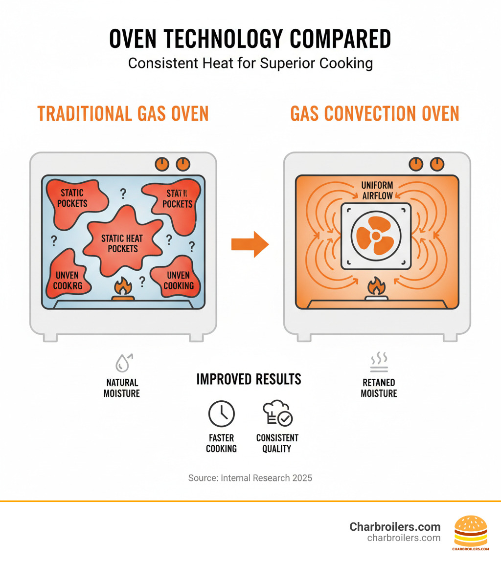 Infographic comparing traditional gas oven with static heat pockets and uneven cooking zones versus gas convection oven with circular airflow arrows showing uniform heat distribution, fan symbol, and gas burner at bottom with moisture indicators - gas convection oven infographic 