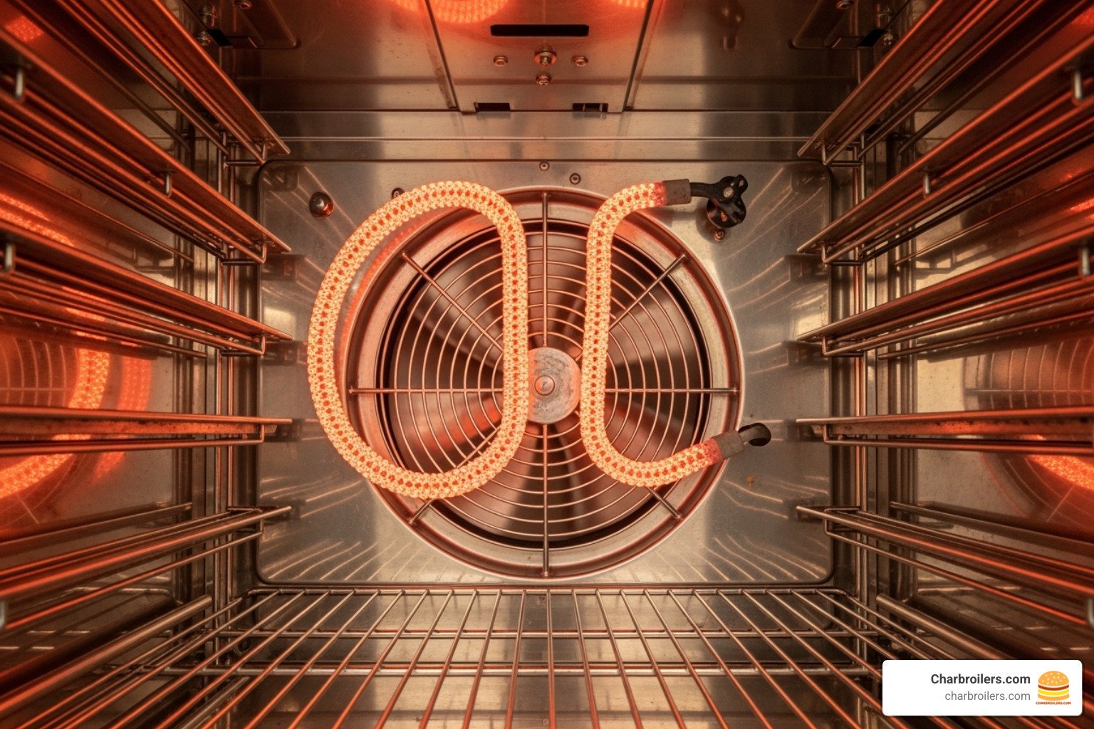 inside of a convection oven showing the fan and heating element - gas convection oven