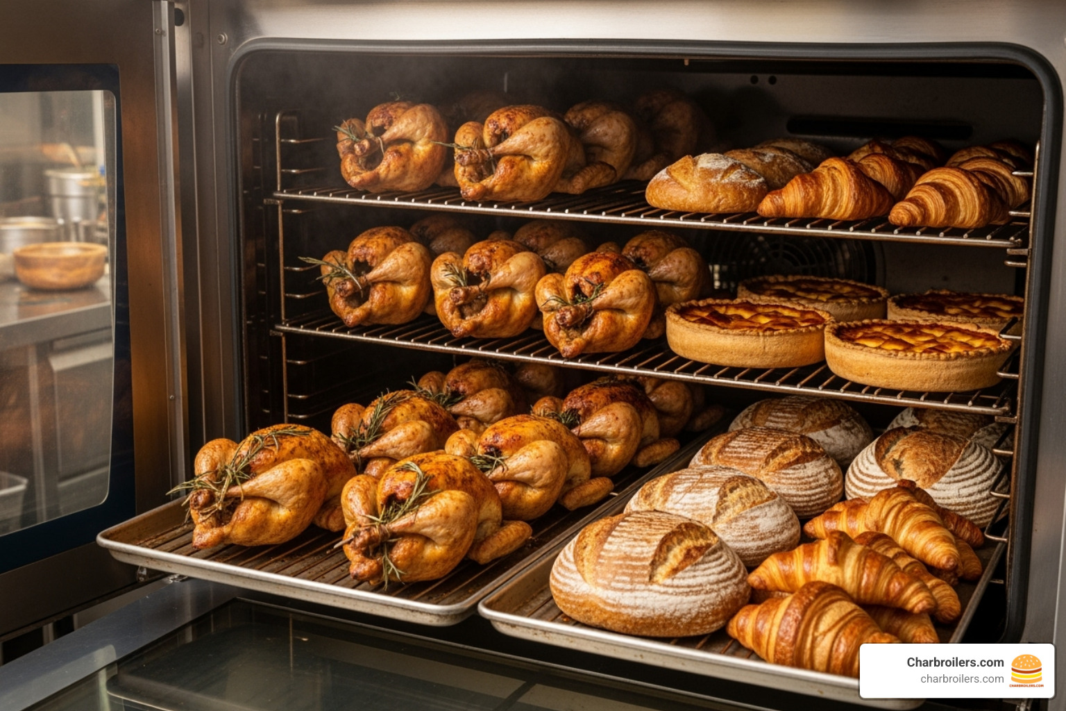 perfectly browned roasted chickens and baked goods on multiple racks - gas convection oven