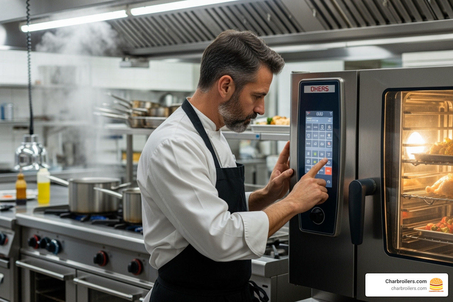 chef inspecting a gas convection oven's control panel - gas convection oven