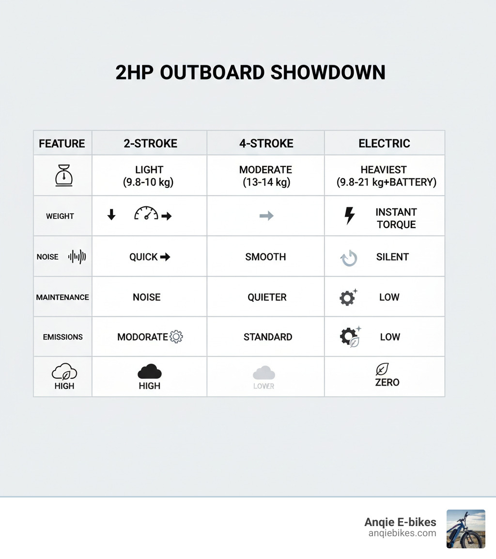 Table comparing 2hp 2-Stroke, 4-Stroke, and Electric outboards on Weight, Acceleration, Noise, Maintenance, and Emissions - 2hp 2 stroke outboard infographic Table comparing 2hp 2-Stroke, 4-Stroke, and Electric outboards on Weight, Acceleration, Noise, Maintenance, and Emissions - 2hp 2 stroke outboard infographic