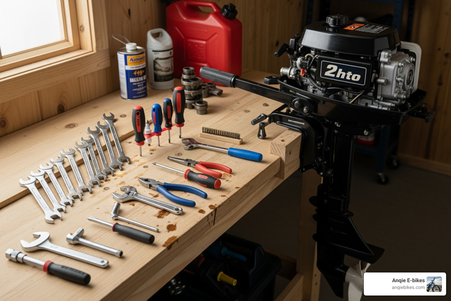 Basic maintenance tools next to a 2hp outboard - 2hp 2 stroke outboard Basic maintenance tools next to a 2hp outboard - 2hp 2 stroke outboard