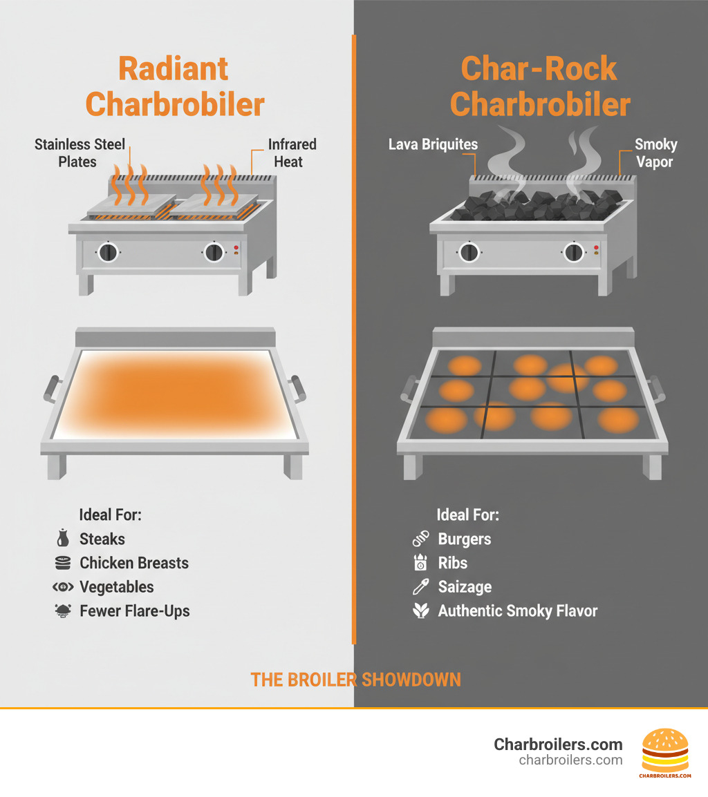 Comparison infographic showing radiant charbroiler with stainless steel plates producing infrared heat versus char-rock charbroiler with lava briquettes creating smoky vapor, including heat distribution patterns and ideal food types for each - cookrite charbroiler infographic Comparison infographic showing radiant charbroiler with stainless steel plates producing infrared heat versus char-rock charbroiler with lava briquettes creating smoky vapor, including heat distribution patterns and ideal food types for each - cookrite charbroiler infographic