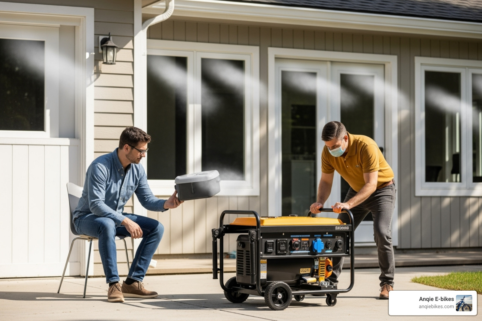 Image illustrating the safe placement of a generator at least 20 feet from a home, showing exhaust direction away from windows and doors. - generator 9500 watt Image illustrating the safe placement of a generator at least 20 feet from a home, showing exhaust direction away from windows and doors. - generator 9500 watt