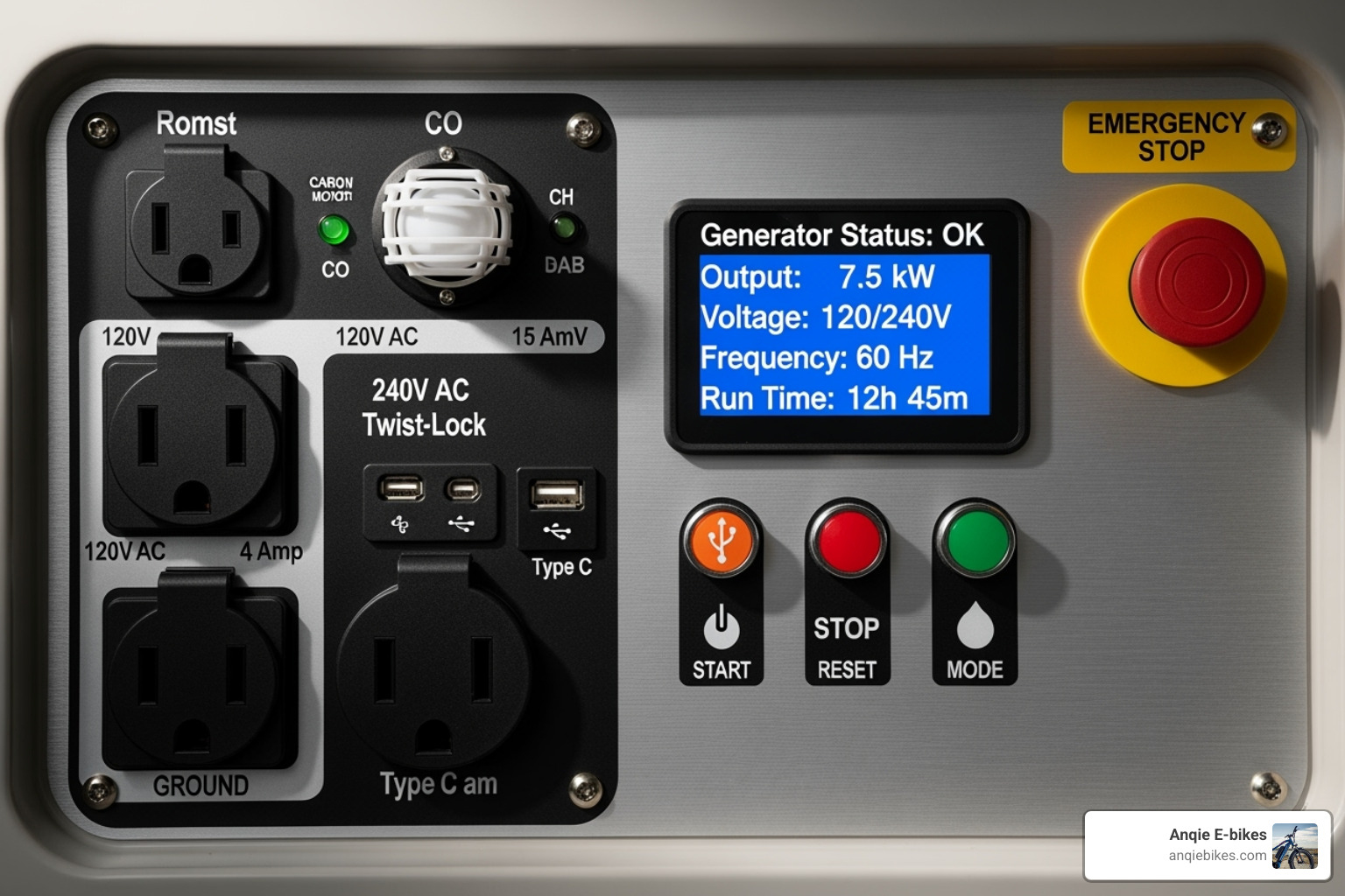 Image of a generator control panel highlighting various outlets, the CO sensor, and a digital display. - generator 9500 watt Image of a generator control panel highlighting various outlets, the CO sensor, and a digital display. - generator 9500 watt