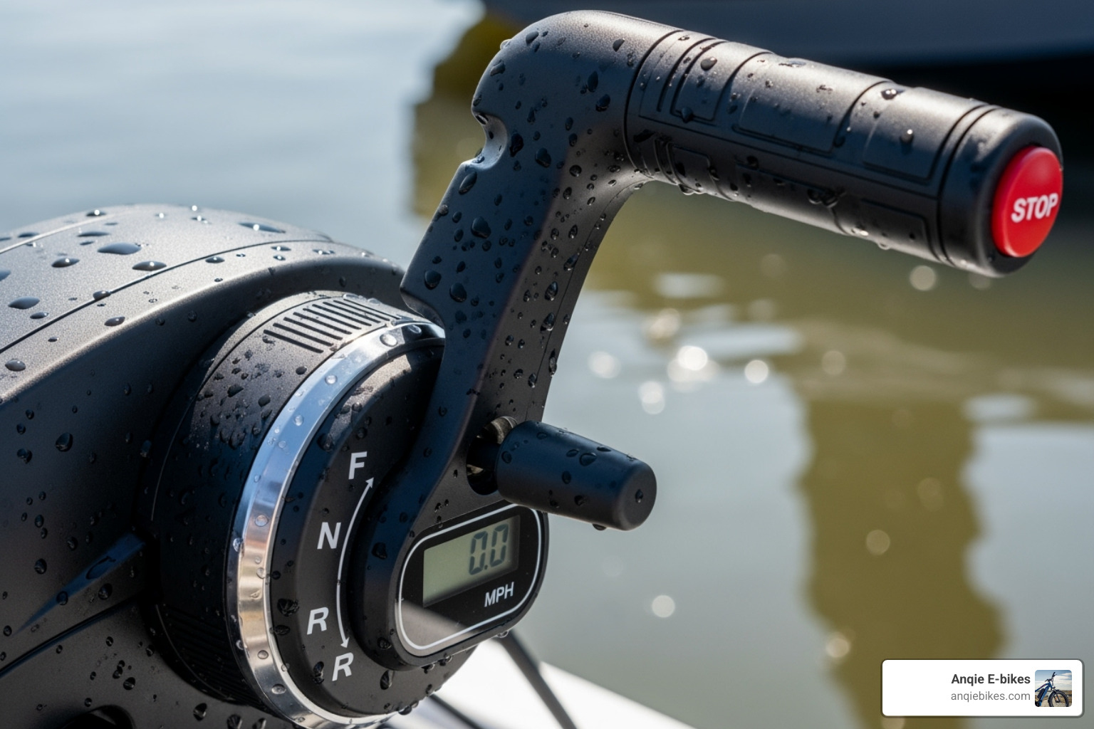 close-up of a tiller handle with a gear shift lever - lightest 2 stroke outboard motor close-up of a tiller handle with a gear shift lever - lightest 2 stroke outboard motor