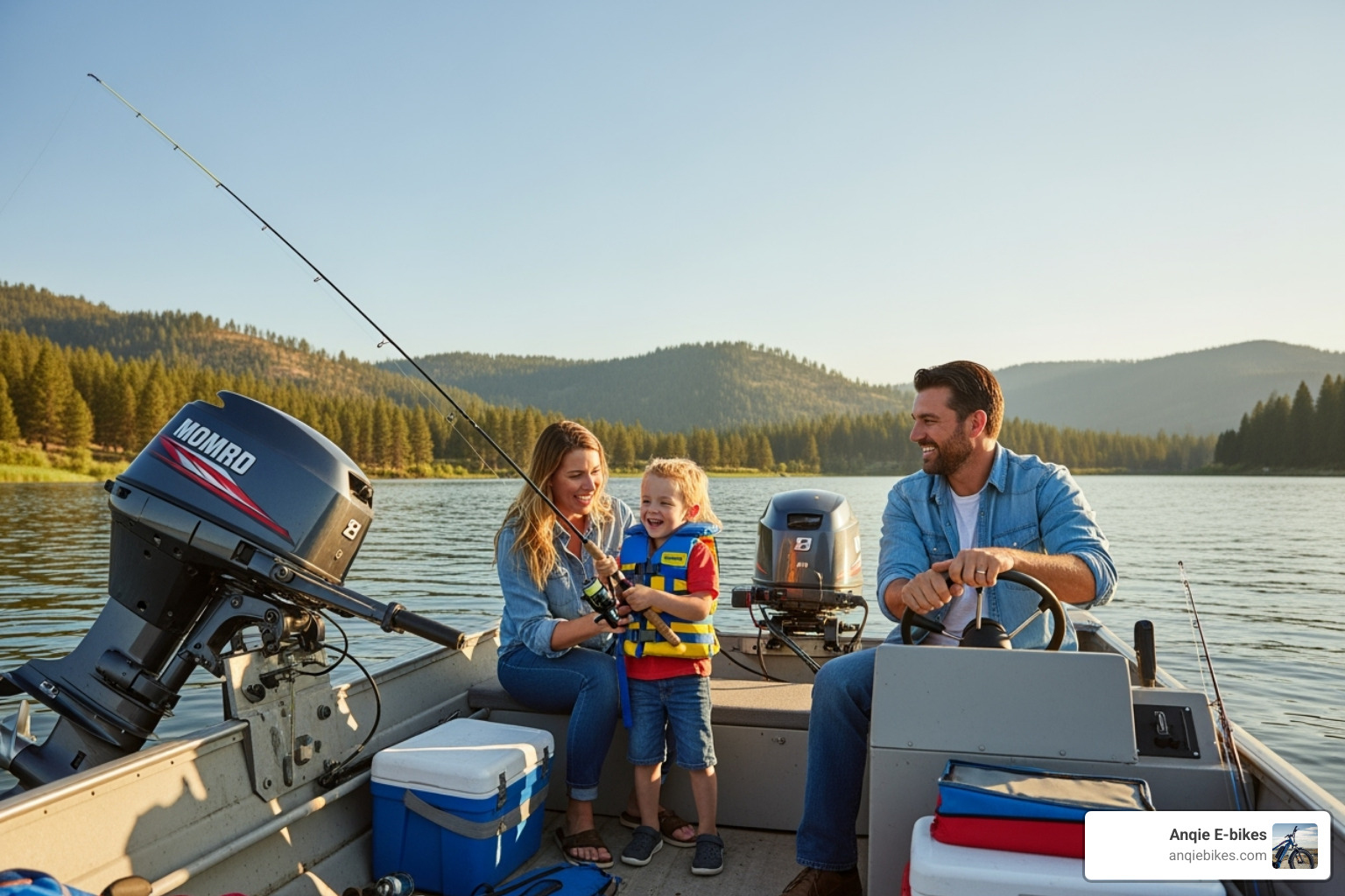 happy family on a small fishing boat powered by a lightweight outboard - lightest 2 stroke outboard motor happy family on a small fishing boat powered by a lightweight outboard - lightest 2 stroke outboard motor
