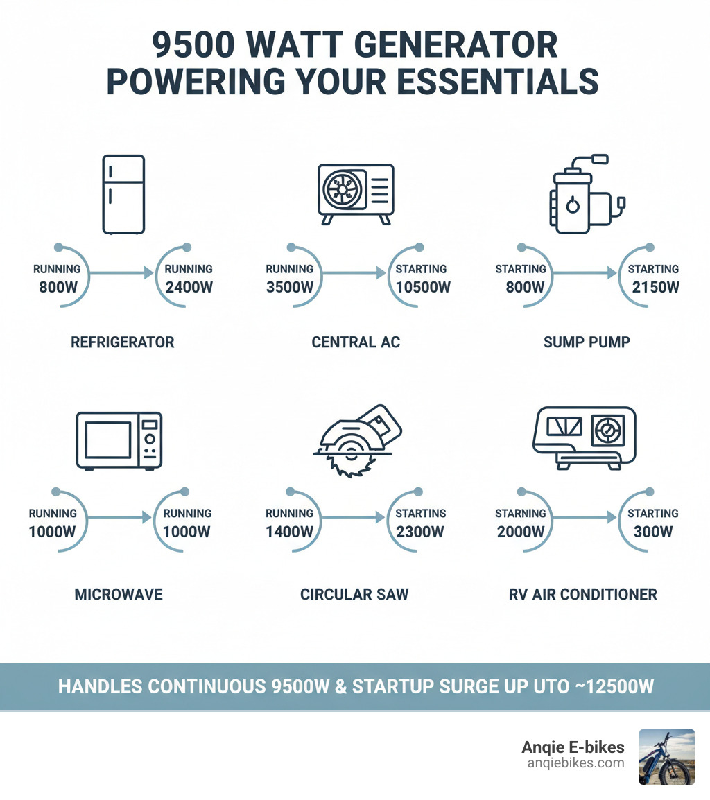 Infographic showing starting watts vs running watts for common appliances: Refrigerator requires 800 running watts and 2400 starting watts, Central AC requires 3500 running watts and 10500 starting watts, Sump Pump requires 800 running watts and 2150 starting watts, Microwave requires 1000 running watts and 1000 starting watts, Circular Saw requires 1400 running watts and 2300 starting watts, and RV Air Conditioner requires 2000 running watts and 3000 starting watts, demonstrating how a 9500 watt generator handles both continuous operation and startup surge requirements - generator 9500 watt infographic Infographic showing starting watts vs running watts for common appliances: Refrigerator requires 800 running watts and 2400 starting watts, Central AC requires 3500 running watts and 10500 starting watts, Sump Pump requires 800 running watts and 2150 starting watts, Microwave requires 1000 running watts and 1000 starting watts, Circular Saw requires 1400 running watts and 2300 starting watts, and RV Air Conditioner requires 2000 running watts and 3000 starting watts, demonstrating how a 9500 watt generator handles both continuous operation and startup surge requirements - generator 9500 watt infographic