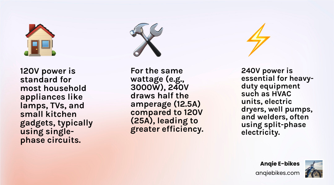 Infographic comparing 120V single-phase versus 240V split-phase power systems, showing outlet types, typical applications, amperage requirements for same wattage loads, and visual representation of how 240V power delivers the same watts at half the amperage, with examples of common appliances for each voltage - generator 220 volt infographic 3_facts_emoji_light-gradient
