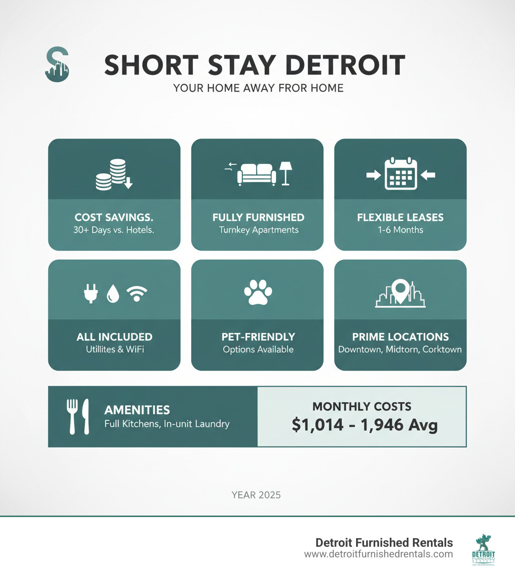 Infographic showing key benefits of short-term rentals in Detroit: Cost savings compared to hotels for stays over 30 days, fully furnished turnkey apartments, flexible lease terms from 1-6 months, all utilities and WiFi included, pet-friendly options available, prime locations in Downtown, Midtown, Corktown and suburbs, amenities like full kitchens and in-unit laundry, and average monthly costs ranging from $1,014 to $1,946 - Short stay Detroit infographic 