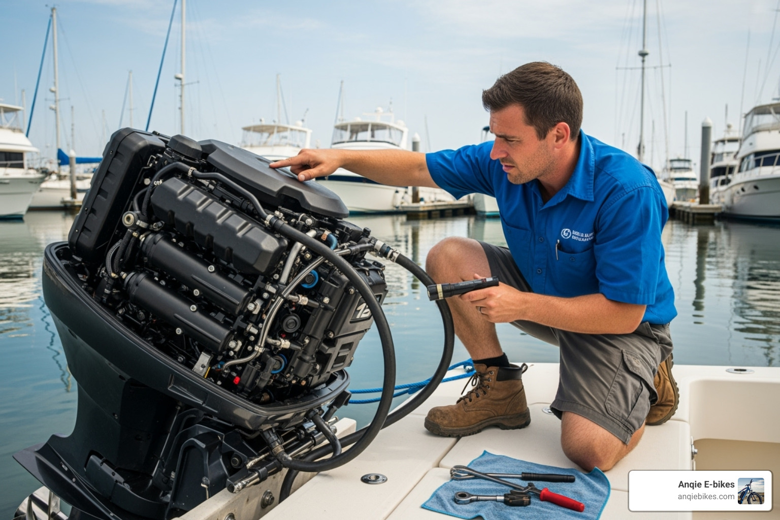 technician inspecting an outboard engine's cooling system hoses - 4 stroke cooling system technician inspecting an outboard engine's cooling system hoses - 4 stroke cooling system