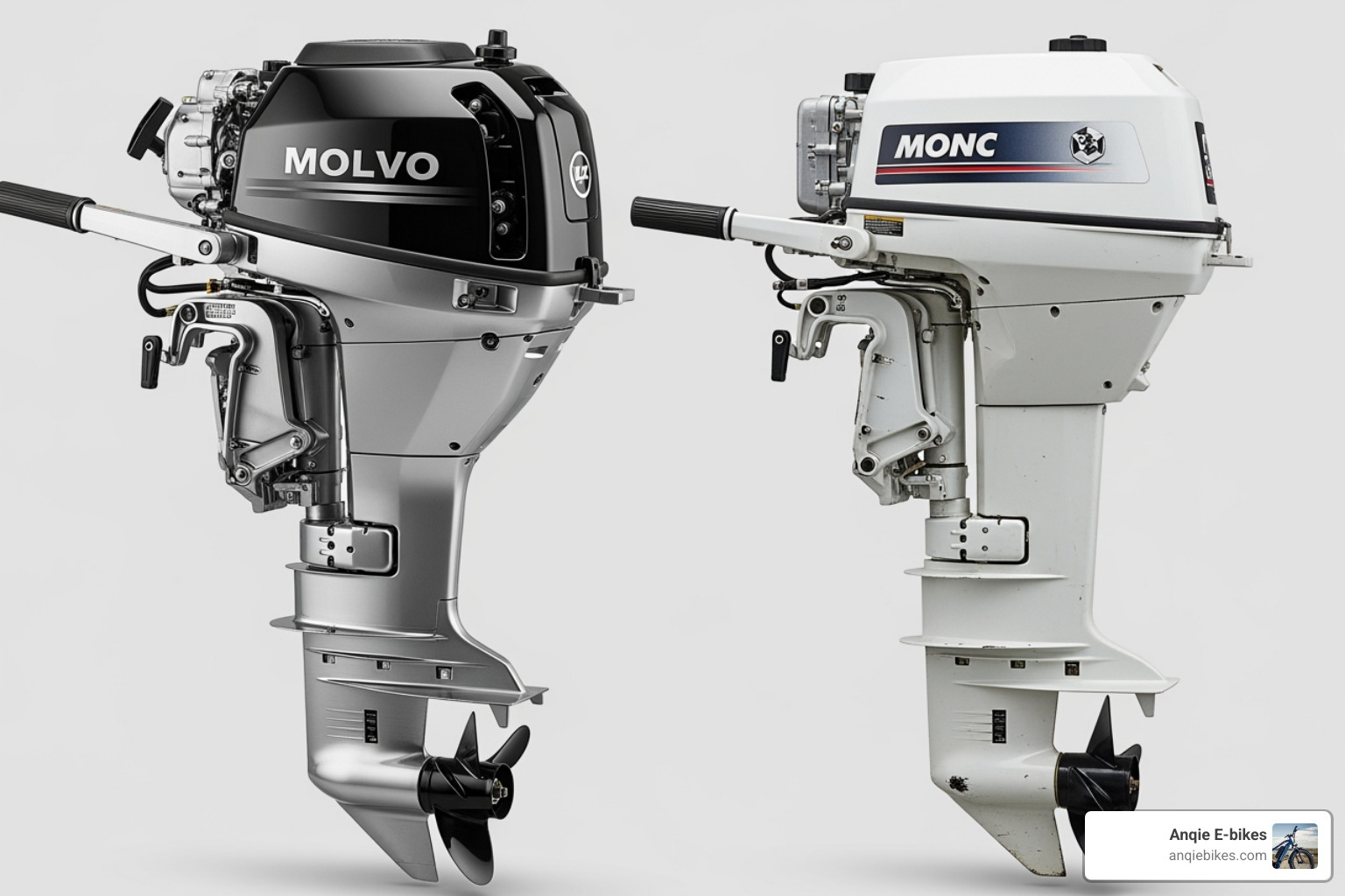 shiny new portable outboard next to a well-maintained used one - cheap outboard engines