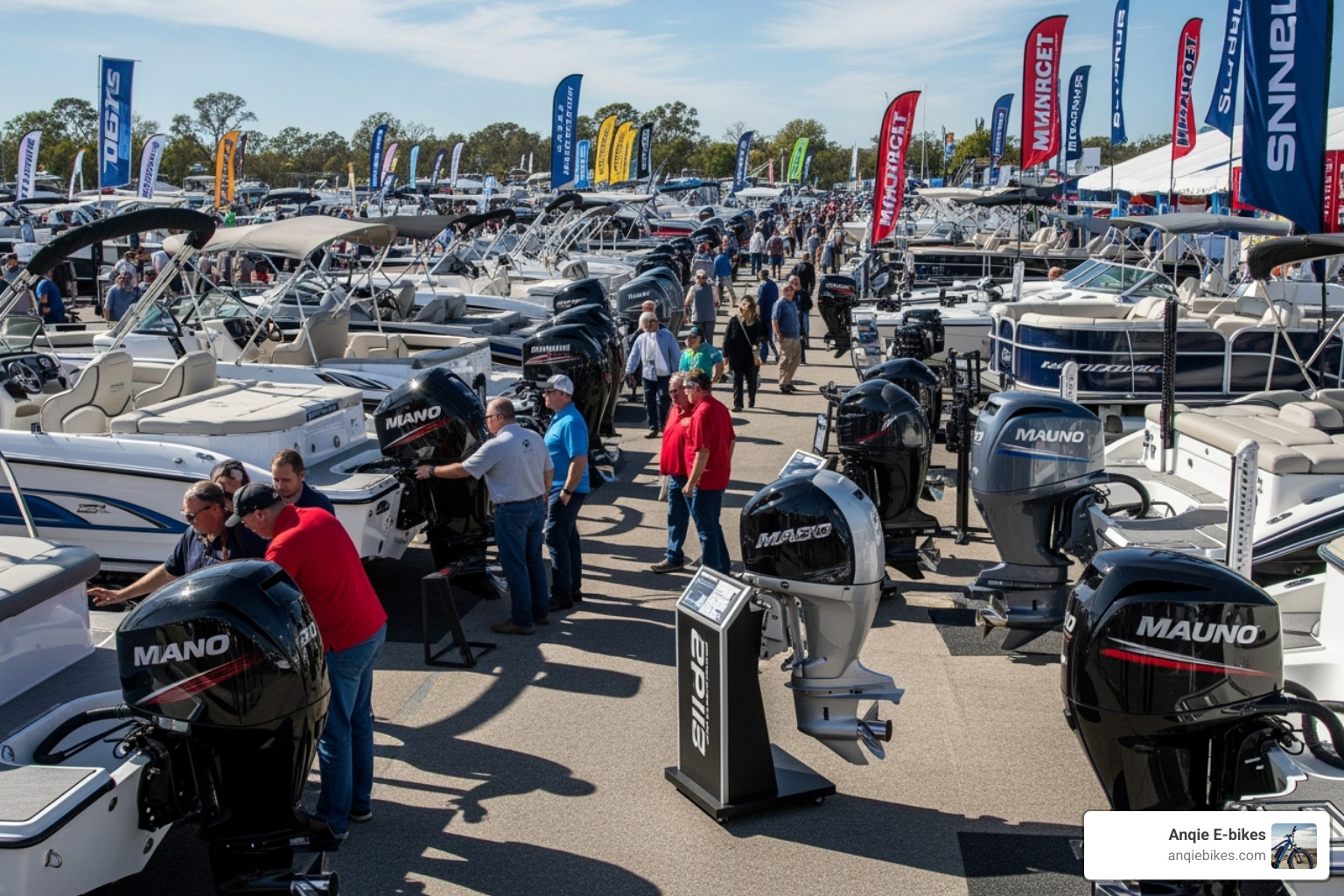 boat show with outboard motors on display - cheap outboard engines