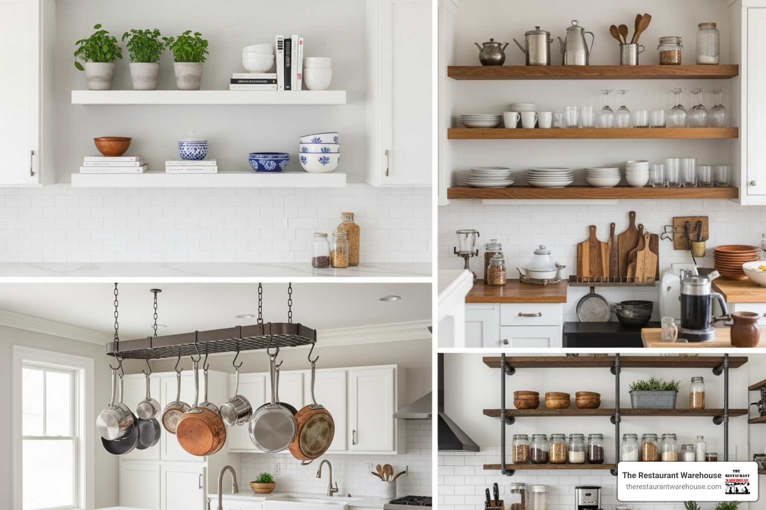 collage showcasing different shelf types - kitchen wall shelf organizer