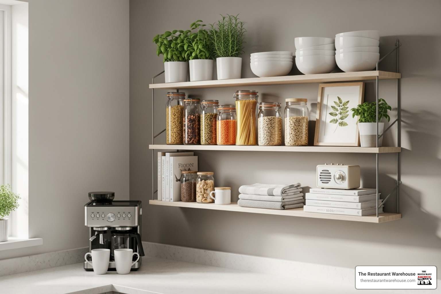 stylish, well-organized kitchen corner with multi-tiered wall shelf - kitchen wall shelf organizer