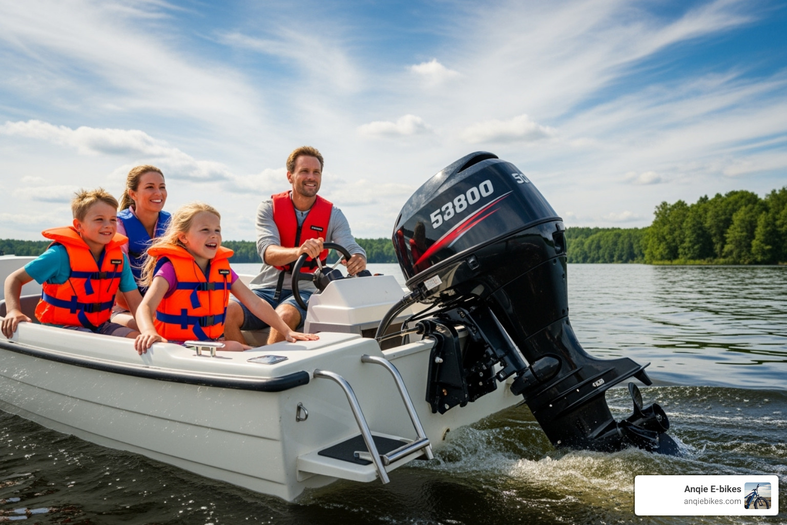family enjoying a day on the water, with a clear view of their boat's outboard motor - used marine outboard engines for sale