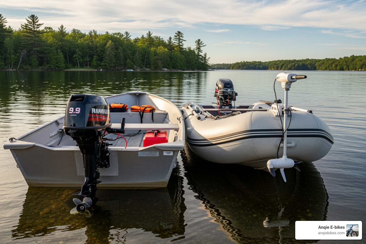 side-by-side of a gas outboard and an electric trolling motor on similar small boats - cheap small boat motors