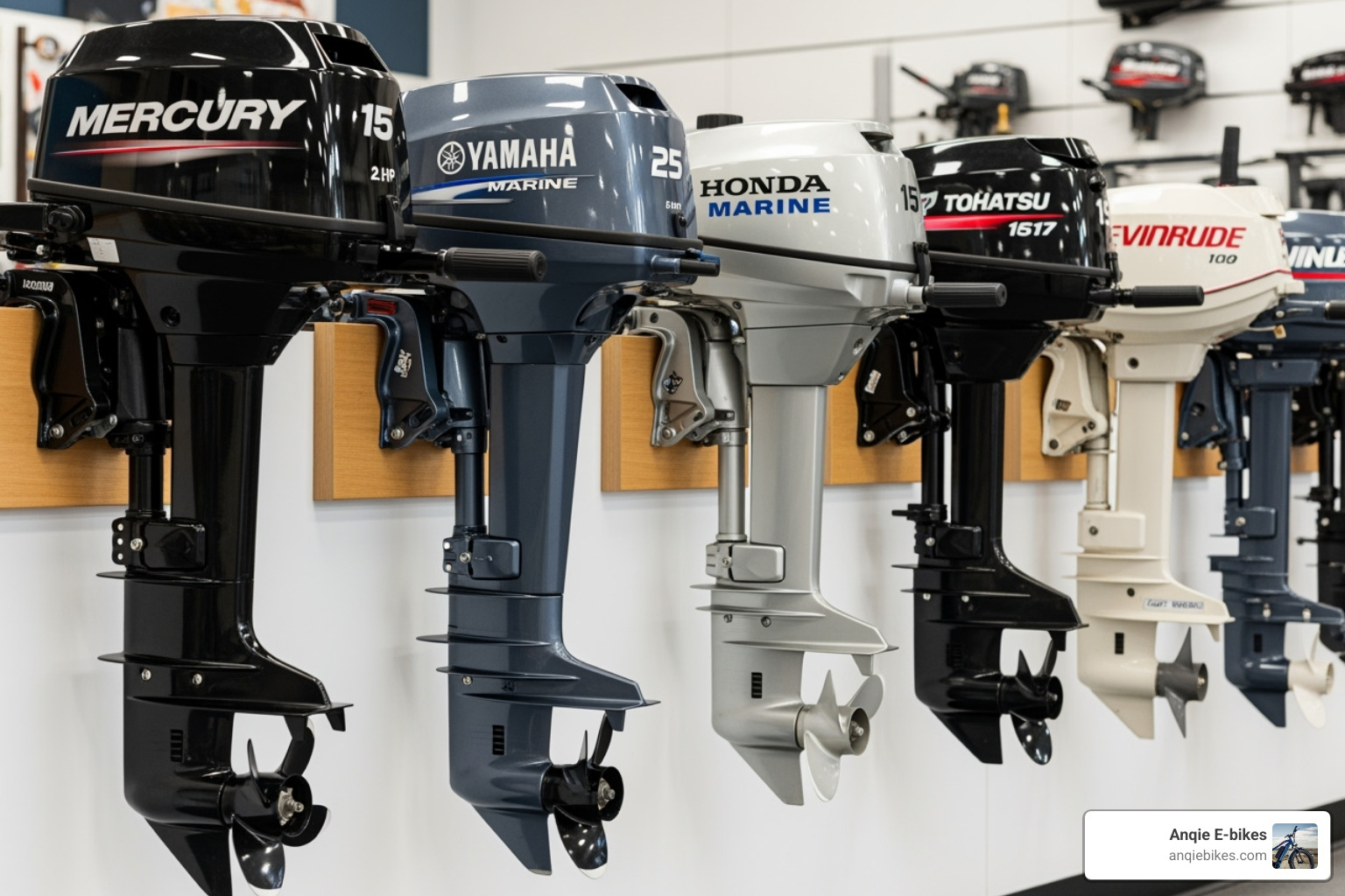 lineup of several small outboard motors from different brands - cheap small boat motors