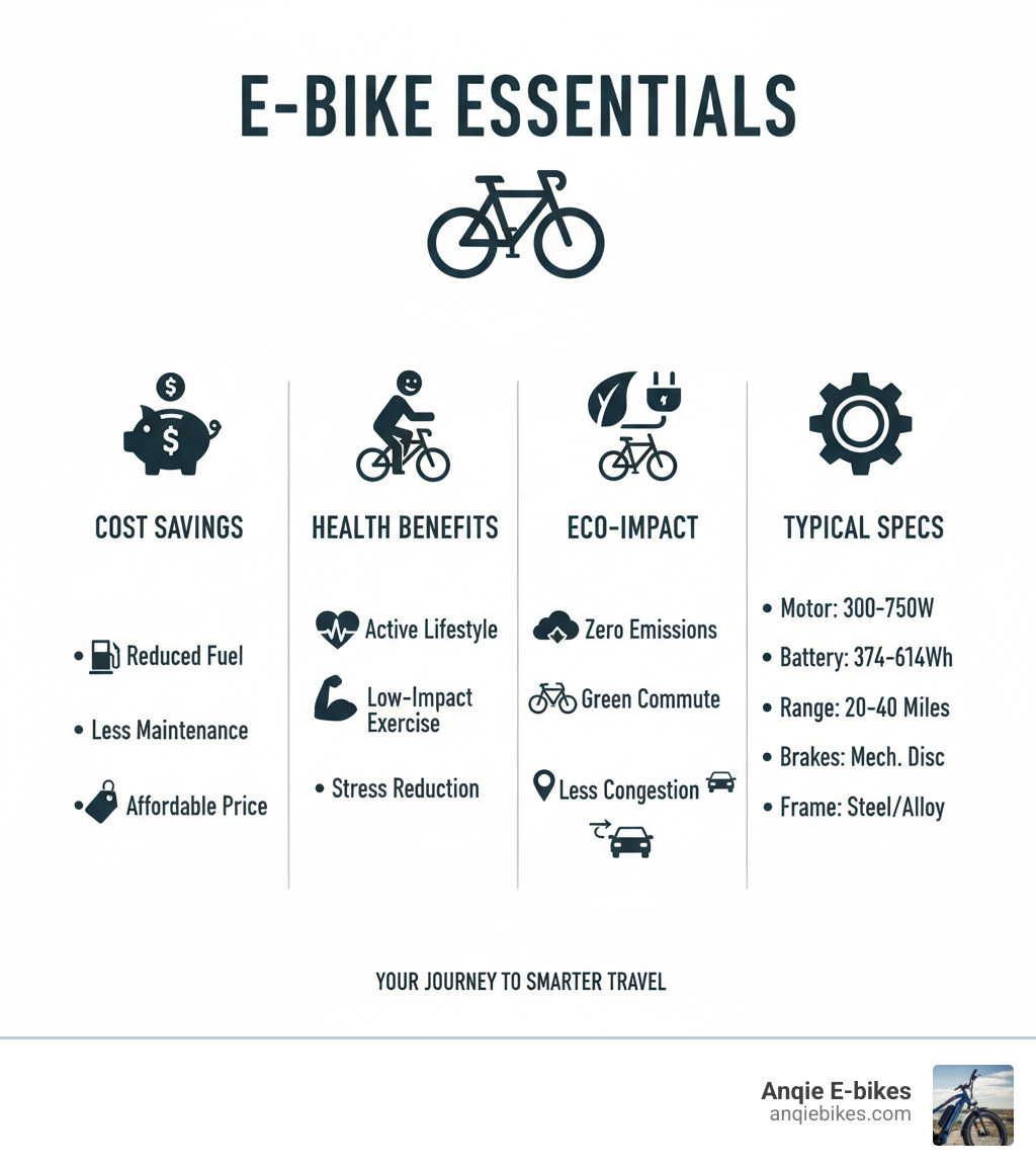 infographic showing key benefits of budget e-bikes like cost savings, health benefits, environmental impact, and typical specifications - cheapest electric bikes for adults infographic 
