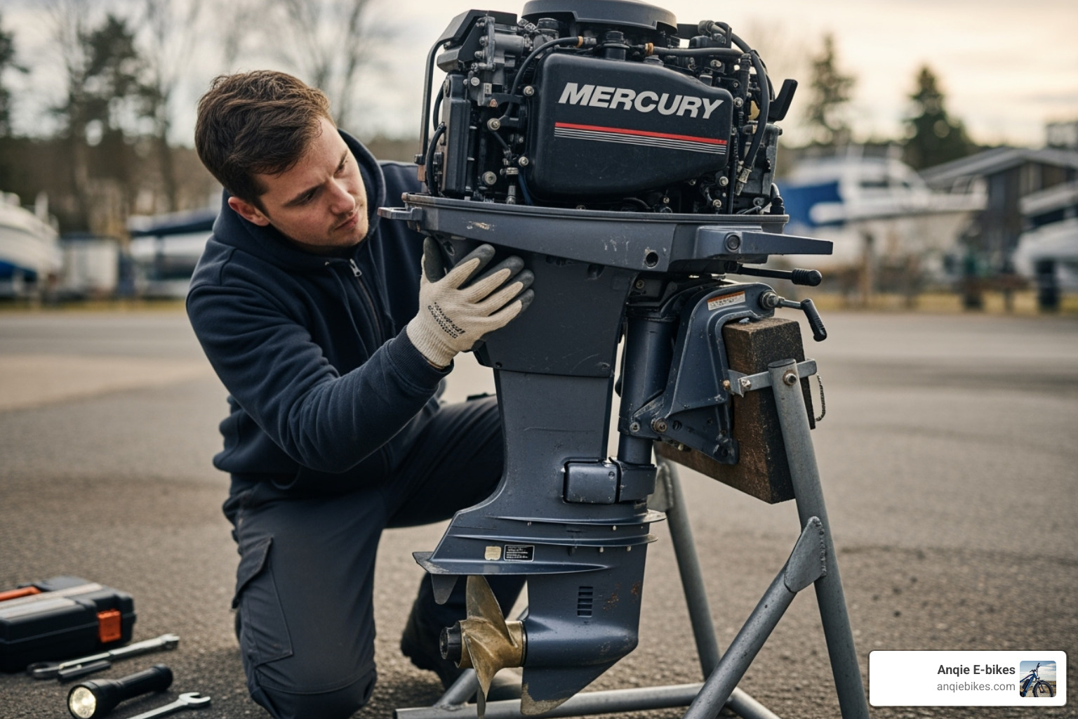 person inspecting a used outboard motor on a stand - Used tiller outboard person inspecting a used outboard motor on a stand - Used tiller outboard