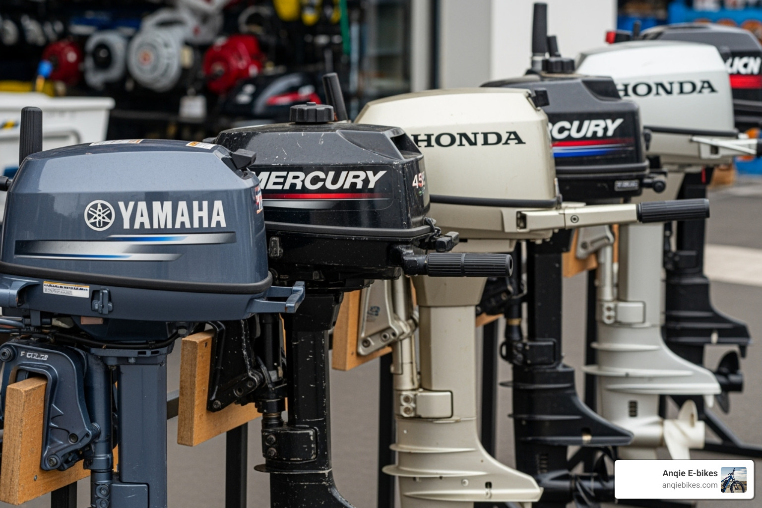 lineup of different used tiller outboards from brands like Yamaha, Mercury, and Honda - Used tiller outboard lineup of different used tiller outboards from brands like Yamaha, Mercury, and Honda - Used tiller outboard