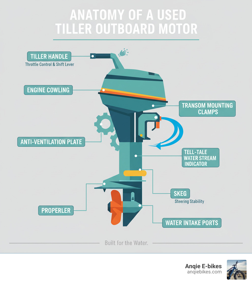 infographic showing the anatomy of a used tiller outboard motor with labeled parts including tiller handle with throttle control and shift lever, engine cowling, transom mounting clamps, propeller, anti-ventilation plate, skeg for steering stability, water intake ports, and tell-tale water stream indicator - Used tiller outboard infographic infographic showing the anatomy of a used tiller outboard motor with labeled parts including tiller handle with throttle control and shift lever, engine cowling, transom mounting clamps, propeller, anti-ventilation plate, skeg for steering stability, water intake ports, and tell-tale water stream indicator - Used tiller outboard infographic