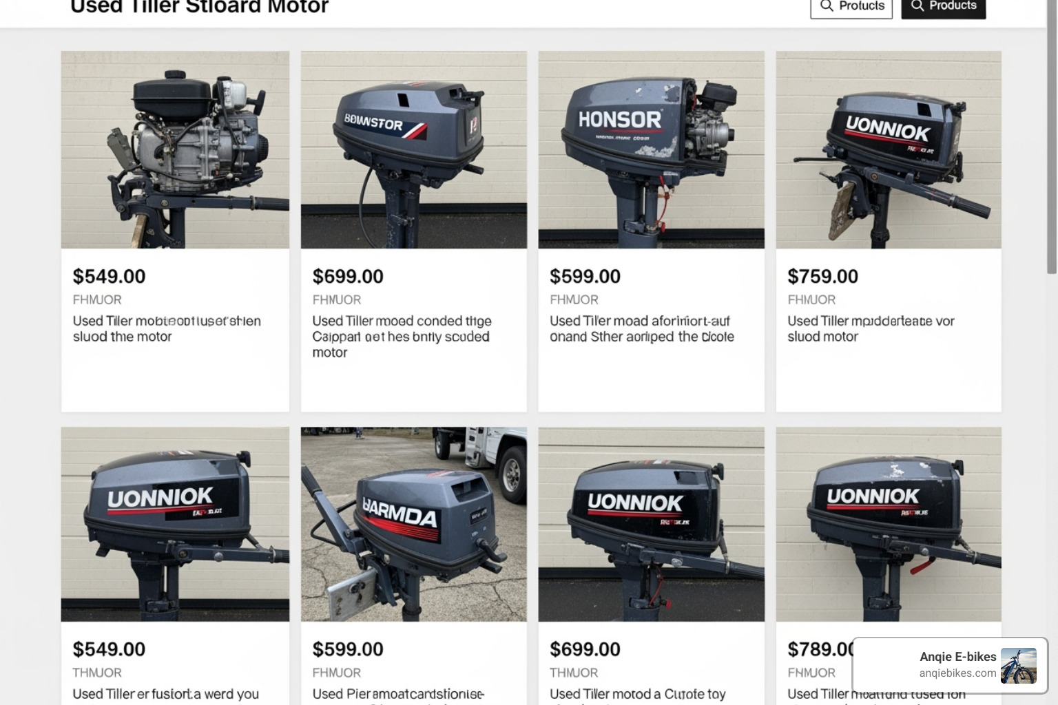 screenshot from the Anqie E-bikes online marketplace showing used tiller outboard listings - Used tiller outboard screenshot from the Anqie E-bikes online marketplace showing used tiller outboard listings - Used tiller outboard