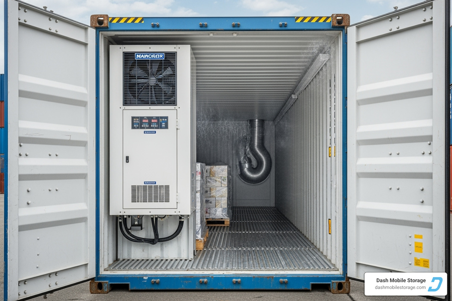 a 40' high-cube refrigerated container with its doors open - cold storage rentals