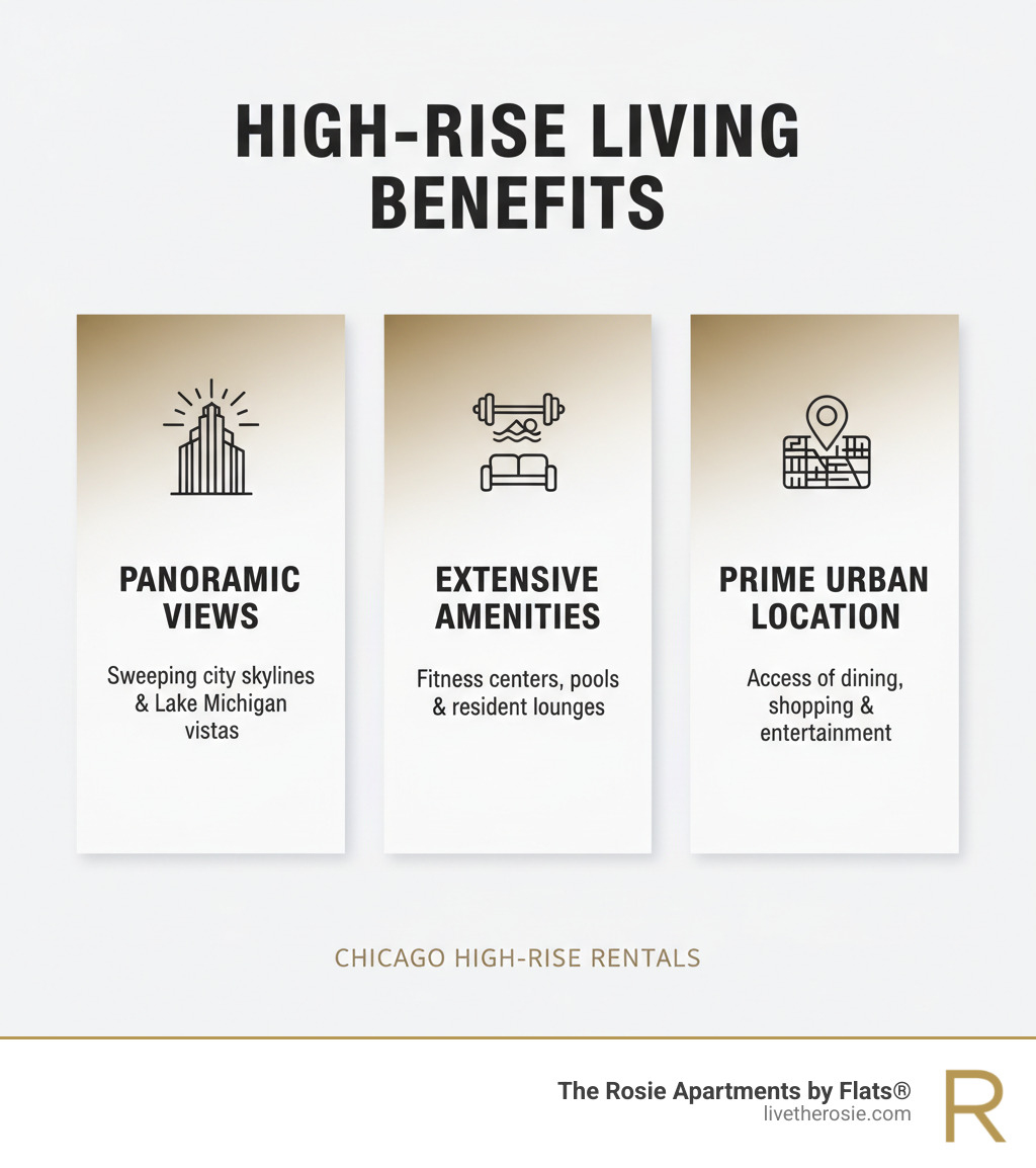 Infographic explaining the key benefits of high-rise living, such as panoramic views, extensive amenities like fitness centers and pools, and prime urban locations - Chicago high rise rentals infographic 