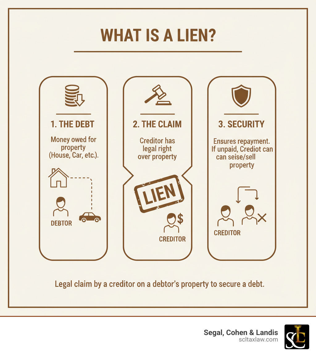 Infographic explaining a lien as a legal claim by a creditor on a debtor's property to secure a debt - What is a lien infographic Infographic explaining a lien as a legal claim by a creditor on a debtor's property to secure a debt - What is a lien infographic