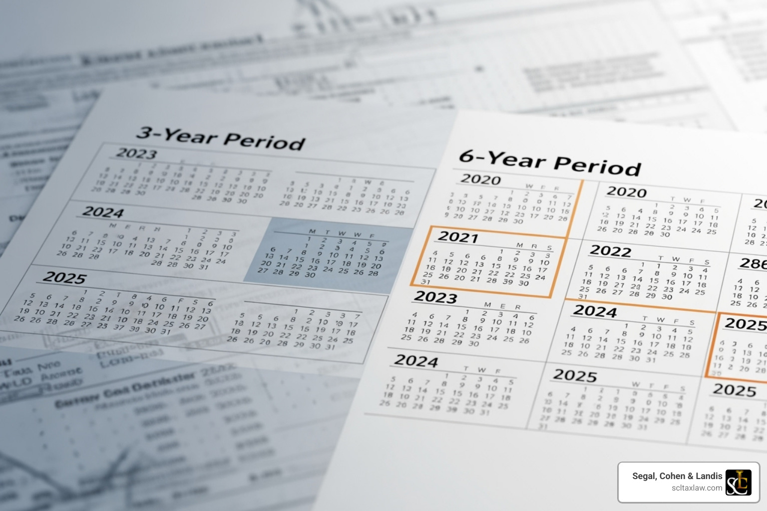Calendar showing 3-year and 6-year tax periods - IRS audit attorney LA