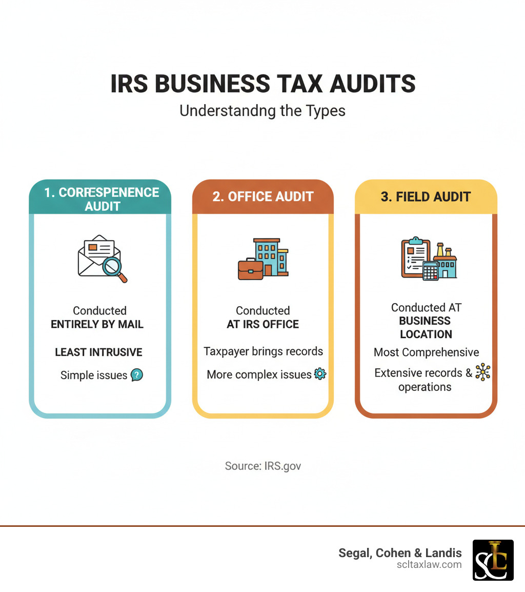 Infographic showing three main types of IRS business tax audits: Correspondence Audit (conducted entirely by mail, least intrusive, typically for simple issues), Office Audit (conducted at an IRS office, taxpayer brings records, more complex issues), and Field Audit (conducted at business location, most comprehensive, examines extensive records and operations) - Business tax audit infographic Infographic showing three main types of IRS business tax audits: Correspondence Audit (conducted entirely by mail, least intrusive, typically for simple issues), Office Audit (conducted at an IRS office, taxpayer brings records, more complex issues), and Field Audit (conducted at business location, most comprehensive, examines extensive records and operations) - Business tax audit infographic