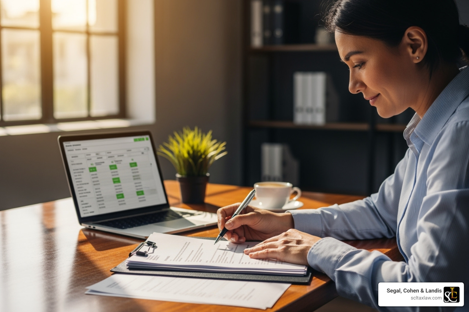 A person looking relieved while reviewing documents, symbolizing the positive outcome of resolving tax debt. - Tax debt relief Los Angeles A person looking relieved while reviewing documents, symbolizing the positive outcome of resolving tax debt. - Tax debt relief Los Angeles