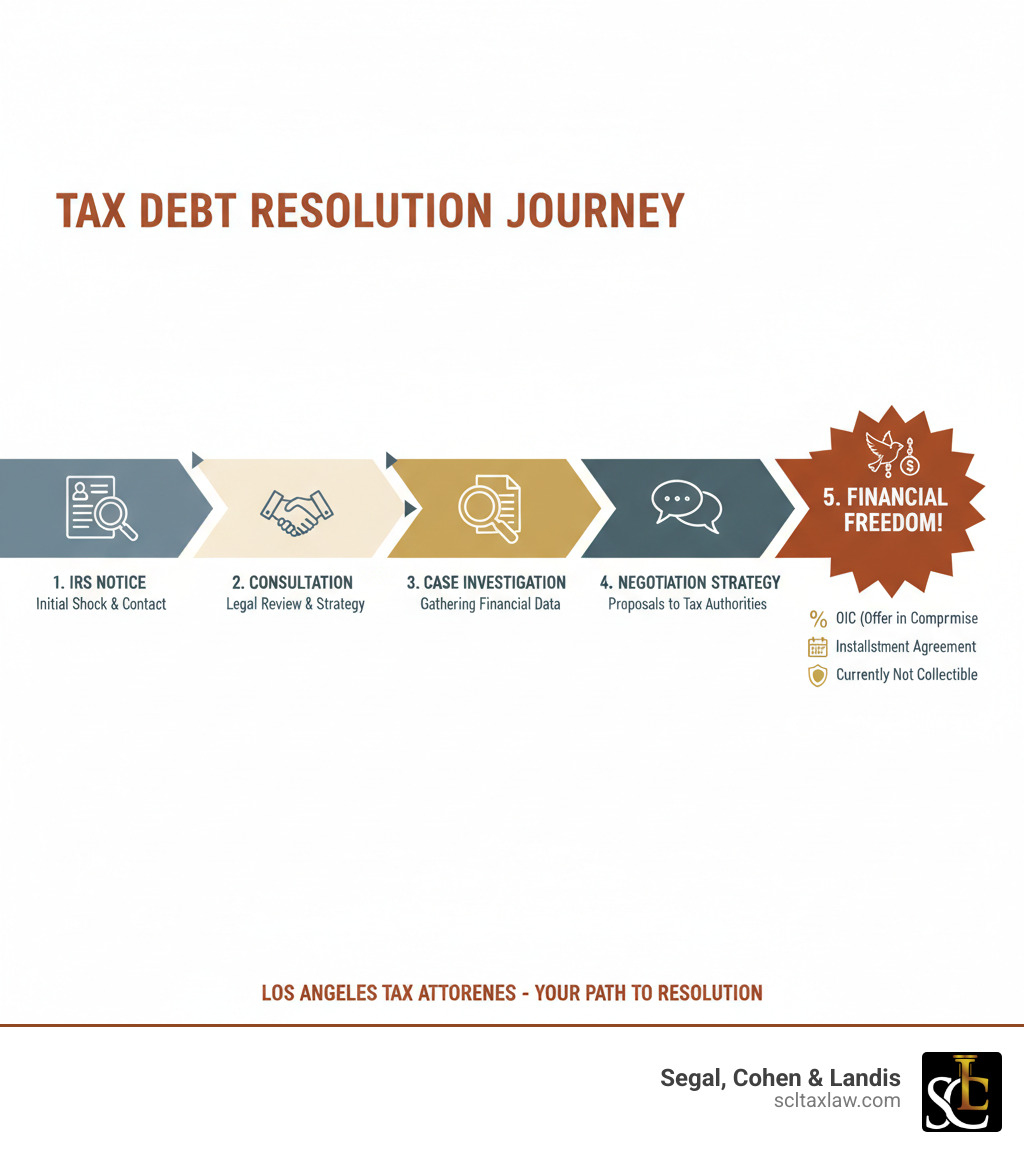 infographic showing the typical journey from receiving IRS notice to final tax debt resolution, including steps like initial consultation, case investigation, negotiation strategy, and achieving financial freedom through various relief options like OIC, installment agreements, or currently not collectible status - Tax debt attorney Los Angeles infographic infographic showing the typical journey from receiving IRS notice to final tax debt resolution, including steps like initial consultation, case investigation, negotiation strategy, and achieving financial freedom through various relief options like OIC, installment agreements, or currently not collectible status - Tax debt attorney Los Angeles infographic