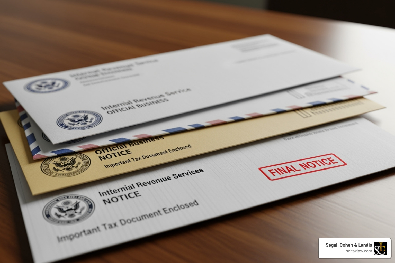 A stack of official-looking IRS envelopes, symbolizing the notices and demands taxpayers receive. - Tax debt relief Los Angeles A stack of official-looking IRS envelopes, symbolizing the notices and demands taxpayers receive. - Tax debt relief Los Angeles