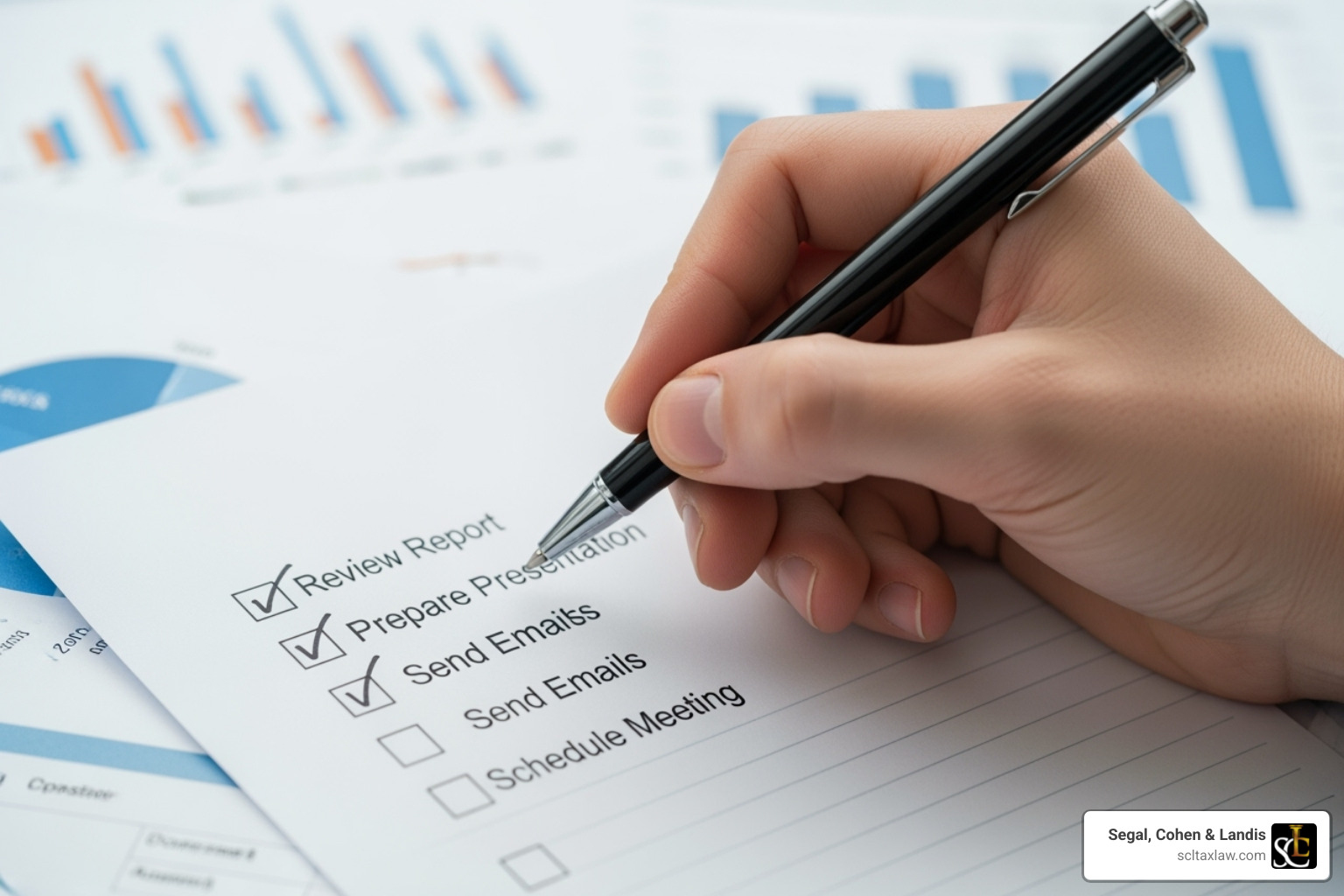 A checklist with items like "File All Returns" and "Gather Financials" - IRS fresh start program