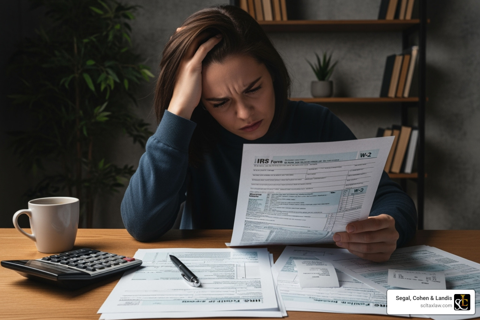 person looking stressed while reviewing official-looking tax documents - la tax attorney