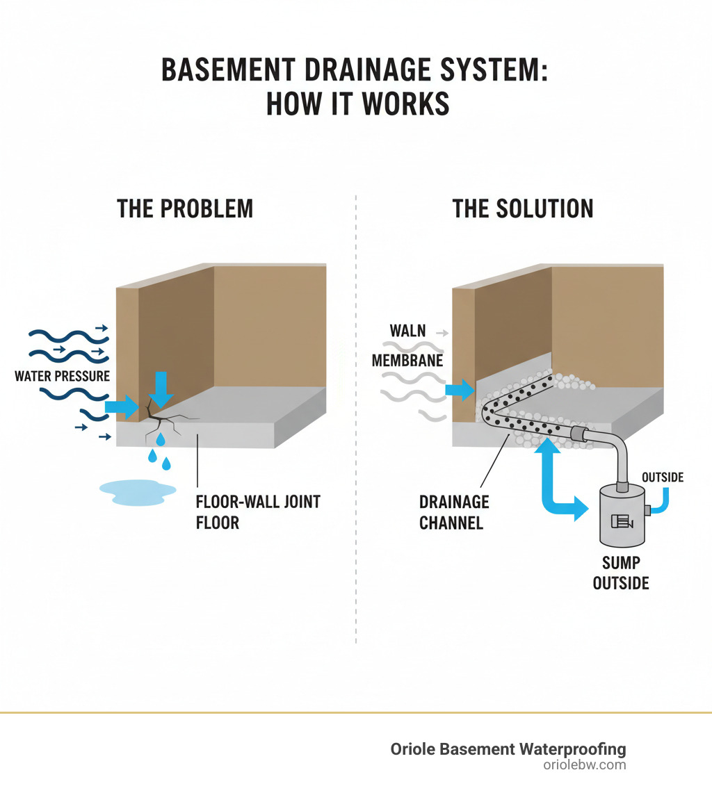 infographic showing how water pressure builds around foundation and enters through floor wall joint with interior drainage system intercepting and directing to sump pump - interior basement drainage system infographic 