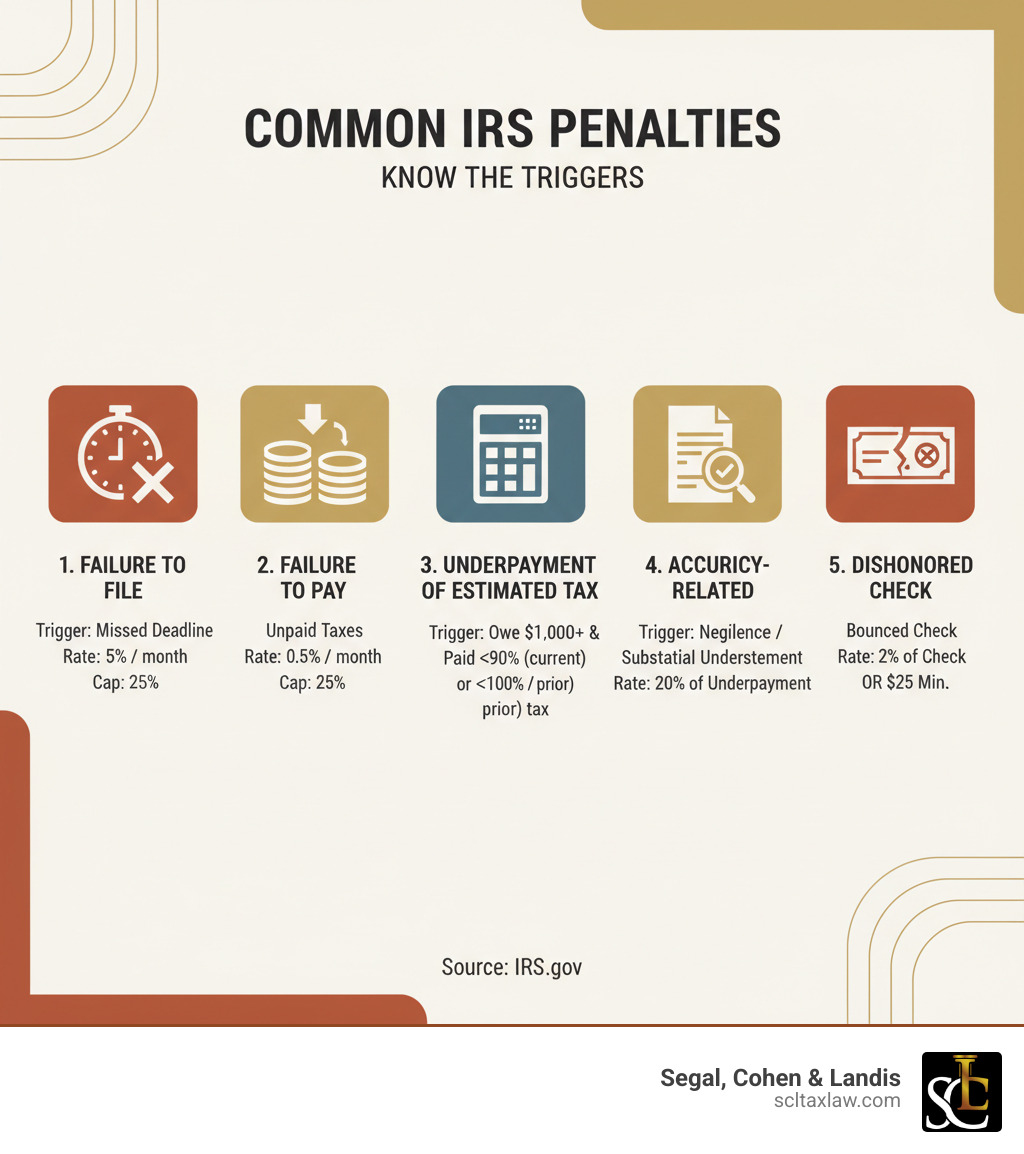 Infographic explaining the 5 most common IRS penalties and their triggers: 1) Failure to File (5% per month, max 25%), 2) Failure to Pay (0.5% per month, max 25%), 3) Underpayment of Estimated Tax (applies if you owe $1,000+ and didn't pay 90% of current year or 100% of prior year tax), 4) Accuracy-Related Penalty (20% of underpayment due to negligence or substantial understatement), 5) Dishonored Check Penalty (2% of check amount or $25 minimum). Each penalty lists its trigger, rate, and cap. - Avoid IRS penalties infographic Infographic explaining the 5 most common IRS penalties and their triggers: 1) Failure to File (5% per month, max 25%), 2) Failure to Pay (0.5% per month, max 25%), 3) Underpayment of Estimated Tax (applies if you owe $1,000+ and didn't pay 90% of current year or 100% of prior year tax), 4) Accuracy-Related Penalty (20% of underpayment due to negligence or substantial understatement), 5) Dishonored Check Penalty (2% of check amount or $25 minimum). Each penalty lists its trigger, rate, and cap. - Avoid IRS penalties infographic