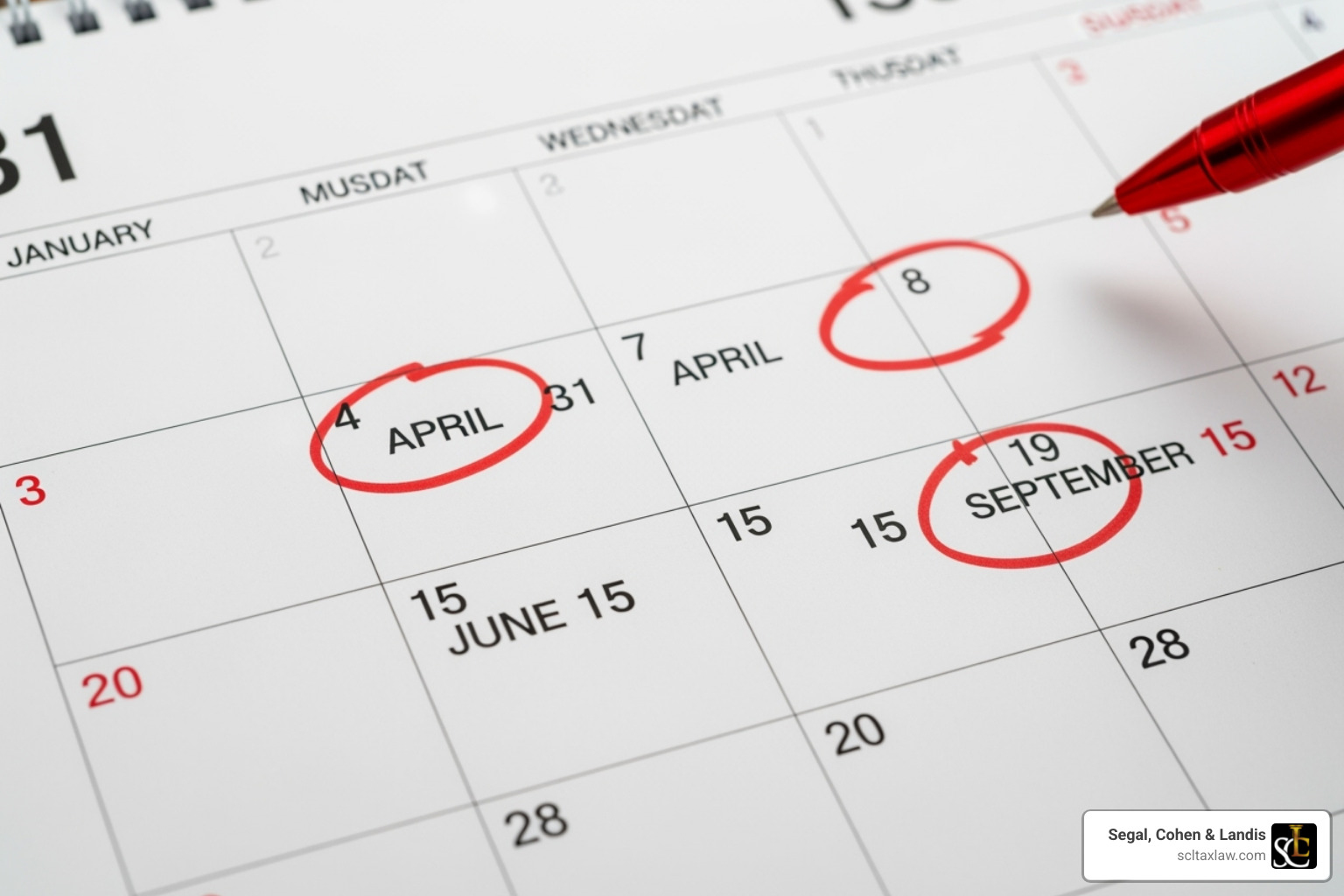 A calendar with quarterly tax due dates circled - Avoid IRS penalties A calendar with quarterly tax due dates circled - Avoid IRS penalties