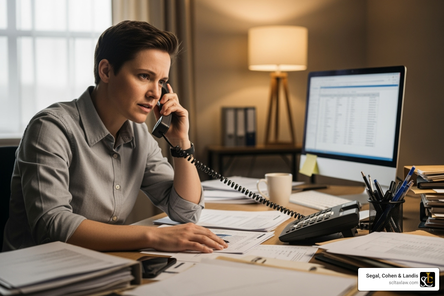 A person on the phone with paperwork, looking determined - Avoid IRS penalties A person on the phone with paperwork, looking determined - Avoid IRS penalties