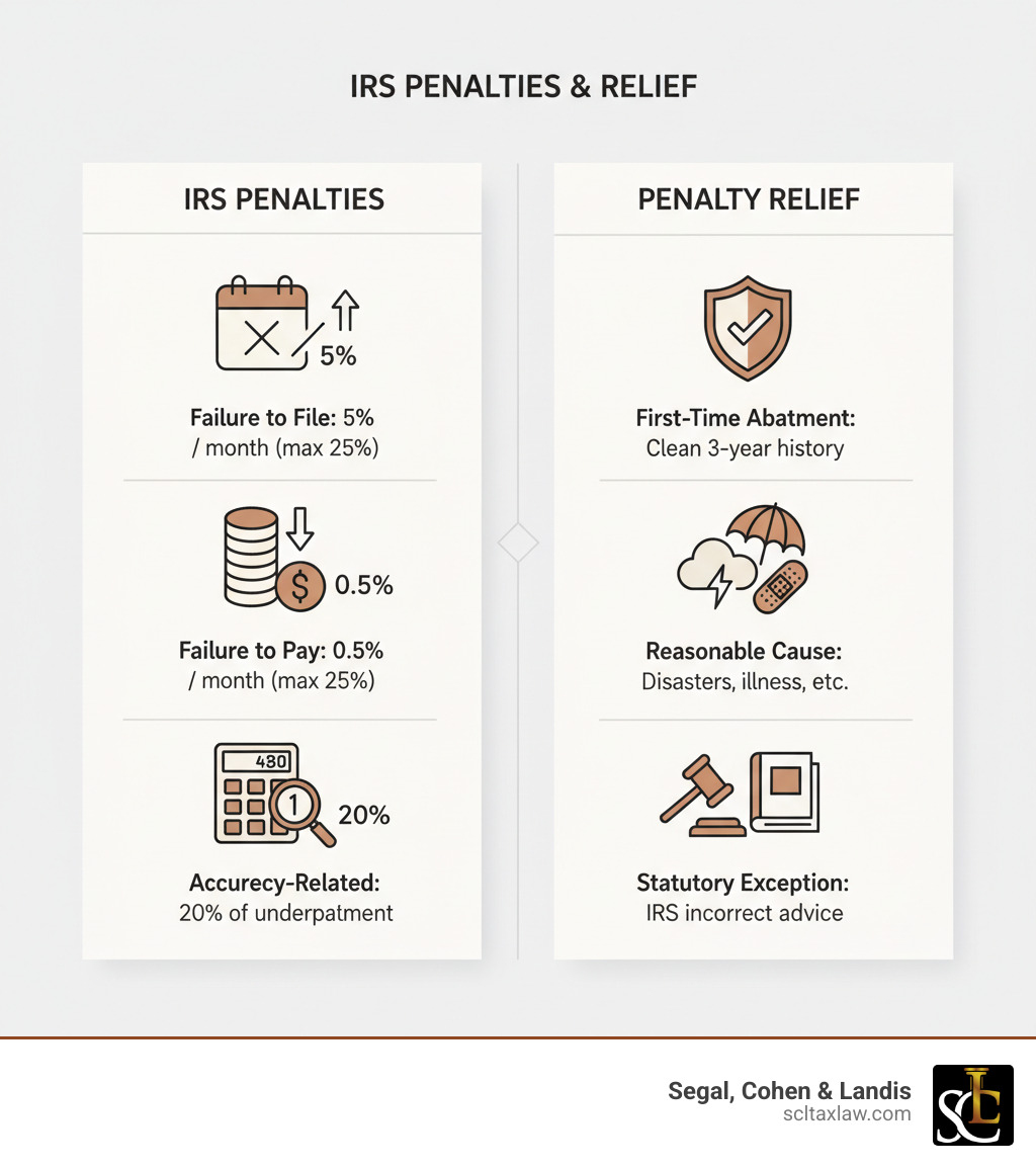 Infographic showing the three main types of IRS penalties: Failure to File penalty at 5% per month up to 25%, Failure to Pay penalty at 0.5% per month up to 25%, and Accuracy-Related penalty at 20% of underpayment, along with the three relief options: First-Time Penalty Abatement for taxpayers with clean 3-year history, Reasonable Cause for circumstances beyond your control like disasters or illness, and Statutory Exception for specific legal situations like incorrect IRS advice - Reduce IRS tax penalties infographic Infographic showing the three main types of IRS penalties: Failure to File penalty at 5% per month up to 25%, Failure to Pay penalty at 0.5% per month up to 25%, and Accuracy-Related penalty at 20% of underpayment, along with the three relief options: First-Time Penalty Abatement for taxpayers with clean 3-year history, Reasonable Cause for circumstances beyond your control like disasters or illness, and Statutory Exception for specific legal situations like incorrect IRS advice - Reduce IRS tax penalties infographic