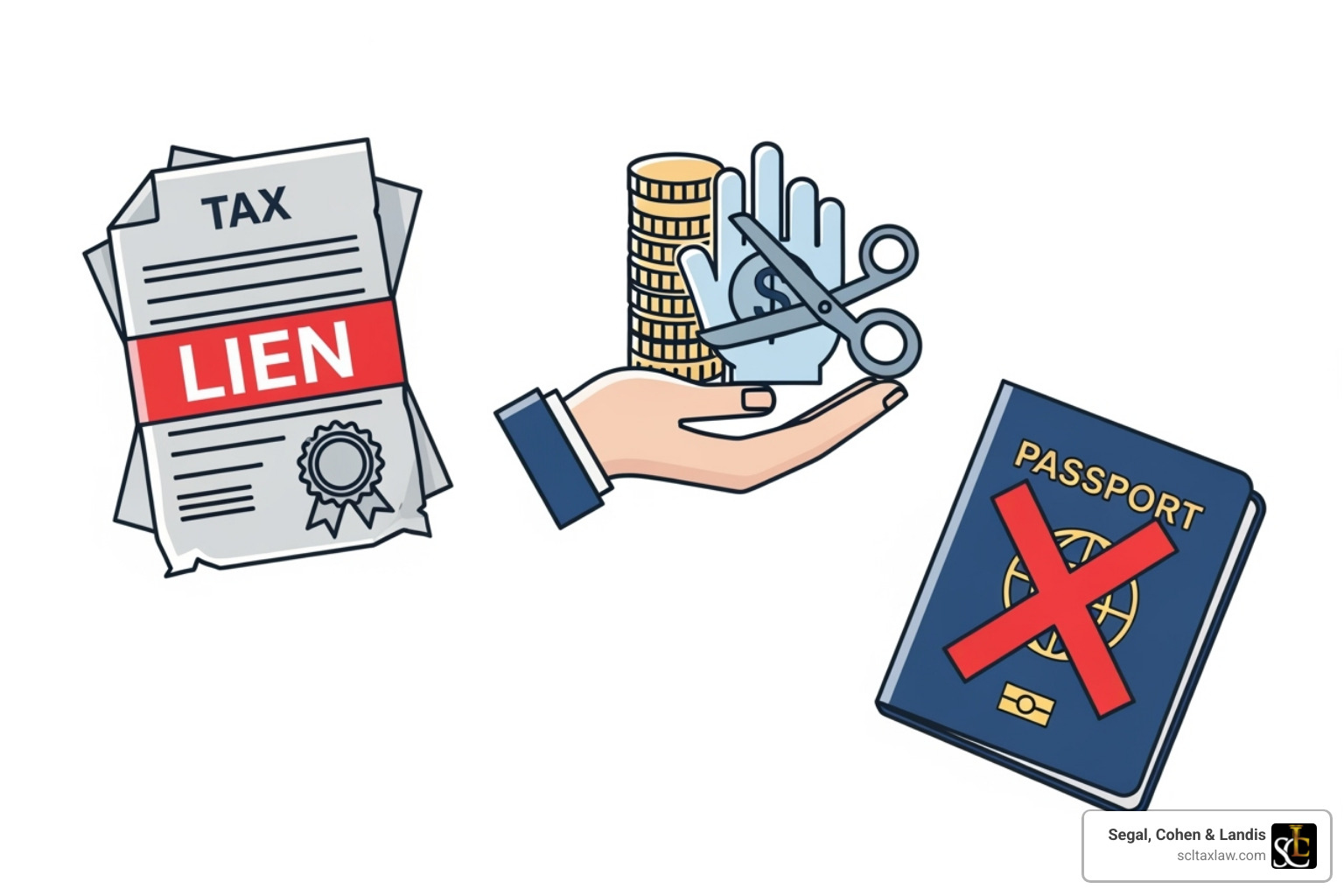 Icons representing a tax lien, wage garnishment, and a passport with a red 'X' over it - IRS back tax help Icons representing a tax lien, wage garnishment, and a passport with a red 'X' over it - IRS back tax help