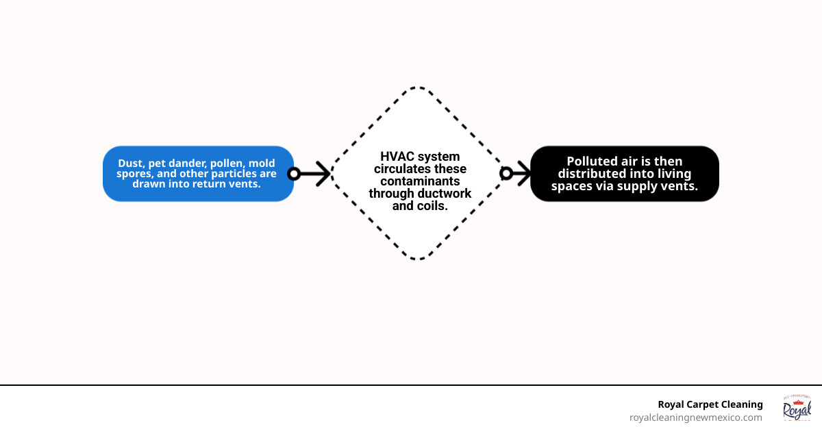 Infographic showing how dust, pet dander, pollen, and allergens accumulate in HVAC ductwork over time, then circulate through supply vents into living spaces, and return through return vents back to the HVAC system, creating a continuous cycle of contamination that impacts indoor air quality throughout a home - air duct and vent cleaning near me infographic flowmap_simple