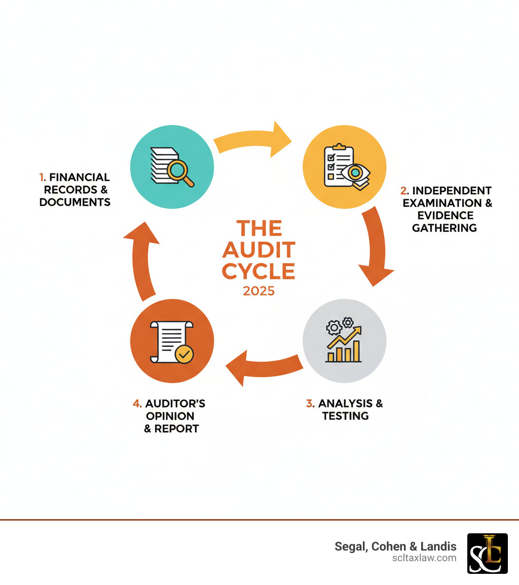 Infographic showing the audit cycle: Starting with financial records and documents, moving to independent examination and evidence gathering, then analysis and testing, and concluding with an auditor's opinion or report - what is a audit infographic 
